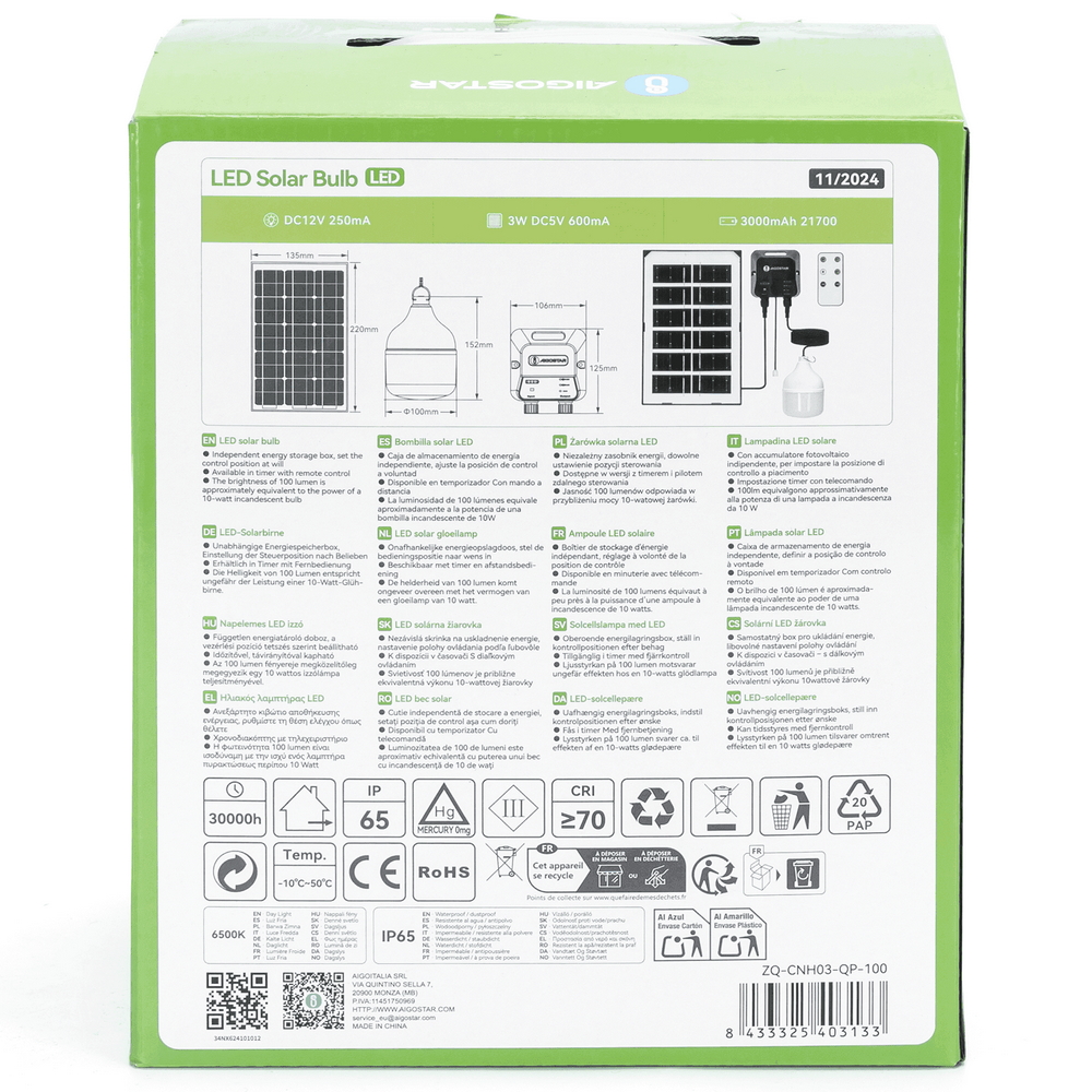 Lampadina Led T100 35W con pannello solare IP65 Bianco freddo 6500K Aigostar - Foto 5