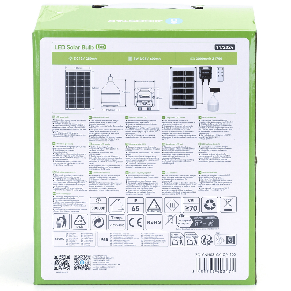 Lampadina Led T100 35W con pannello solare IP65 Bianco freddo 6500K con sensore Aigostar - Foto 5