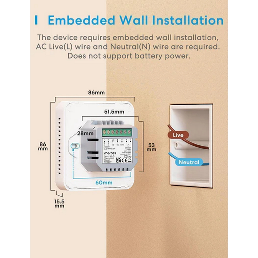 Meross MTS200HK Termostato da parete Smart per riscaldamento elettrico a pavimento WiFi Homekit - Foto 2