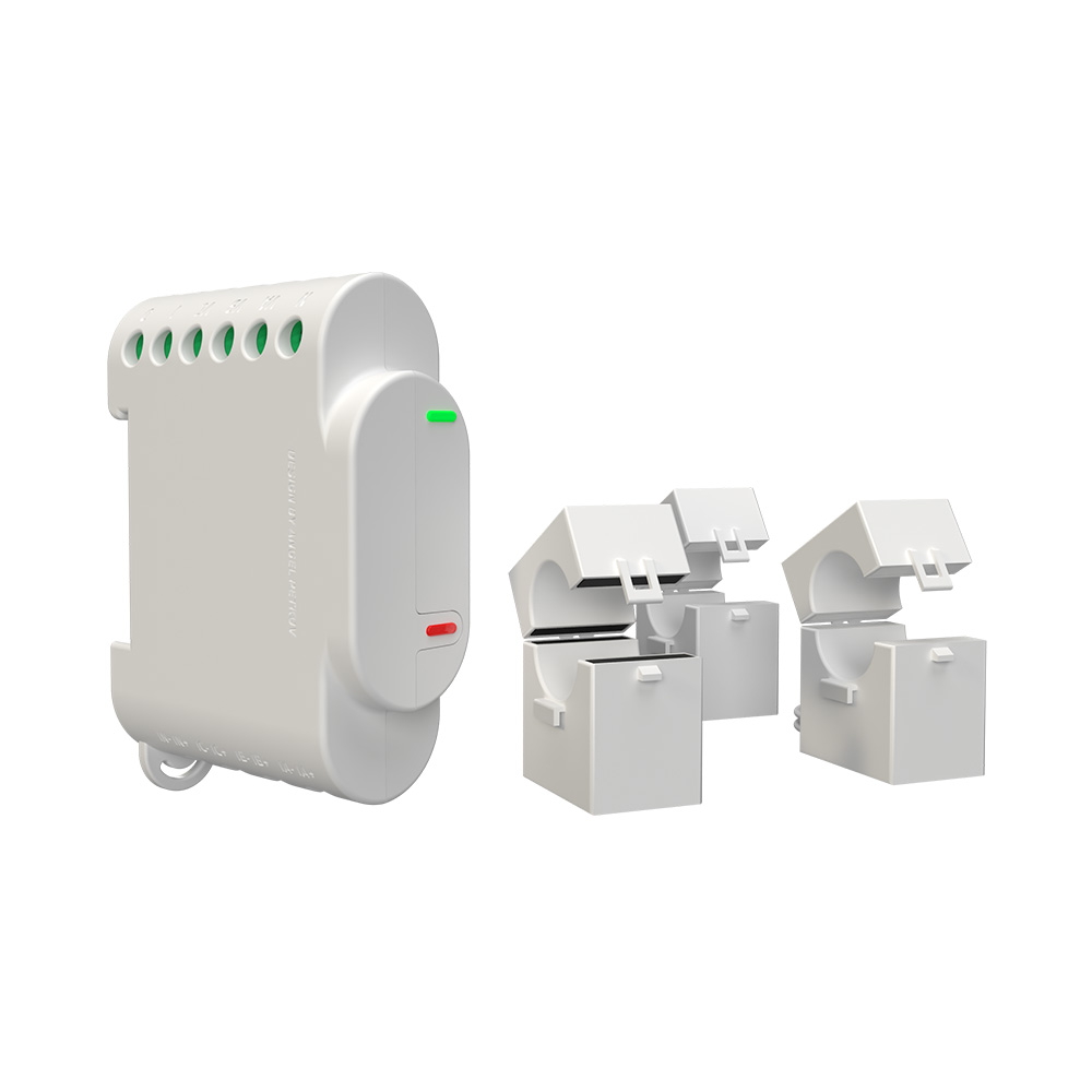 Foto principale Shelly 3EM Misuratore consumo elettrico Smart 3 canali su guida DIN + 3 Pinze amperometriche 120A monitoraggio trifase WiFi