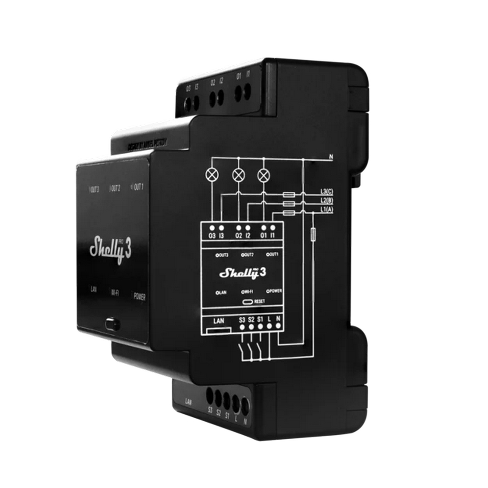 Shelly Pro 3 48A AC Interruttore relè Smart su guida DIN 3 canali contatto pulito LAN WiFi Bluetooth - Foto 1