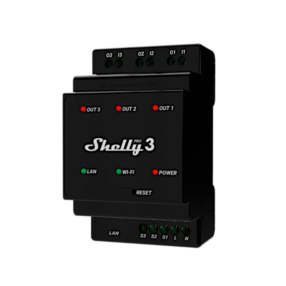 Foto principale Shelly Pro 3 48A AC Interruttore relè Smart su guida DIN 3 canali contatto pulito LAN WiFi Bluetooth