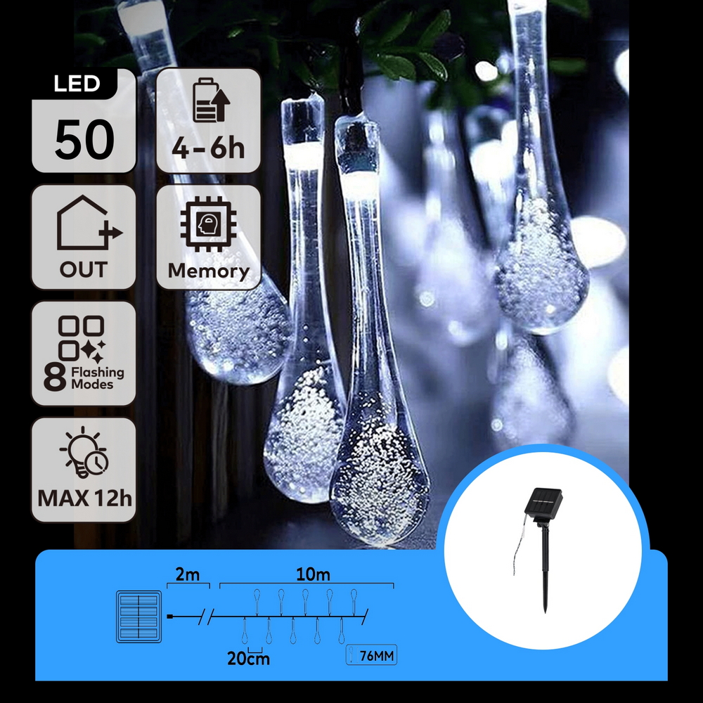 Catena decorata con 50 Gocce a Led Bianco freddo 10 metri con pannello solare Aigostar - Foto 5
