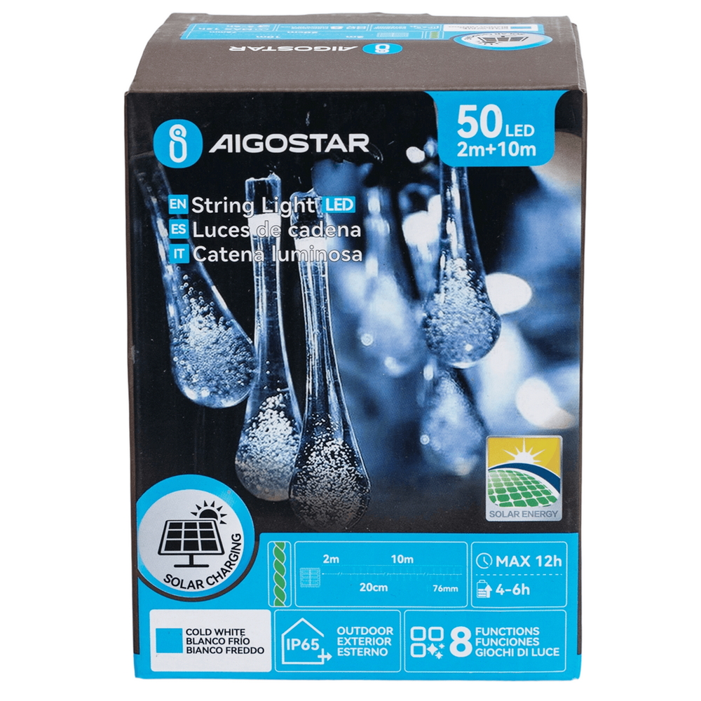 Catena decorata con 50 Gocce a Led Bianco freddo 10 metri con pannello solare Aigostar - Foto 6