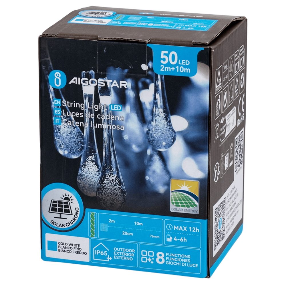 Catena decorata con 50 Gocce a Led Bianco freddo 10 metri con pannello solare Aigostar - Foto 7