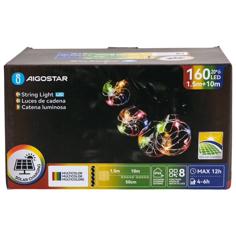Catena luminosa 160 Led decorativa a energia solare 10 metri 20 lampadine a sfera trasparenti RGB Aigostar - Foto 6