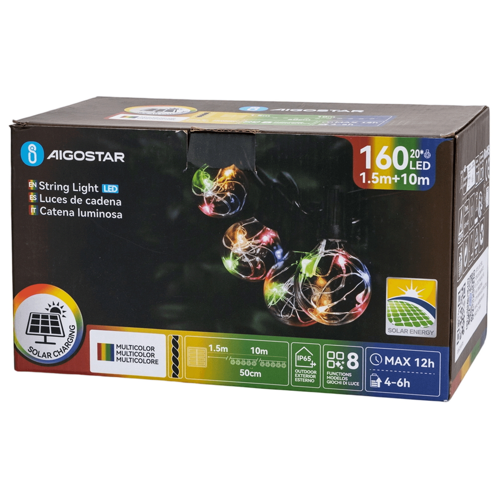 Catena luminosa 160 Led decorativa a energia solare 10 metri 20 lampadine a sfera trasparenti RGB Aigostar - Foto 7