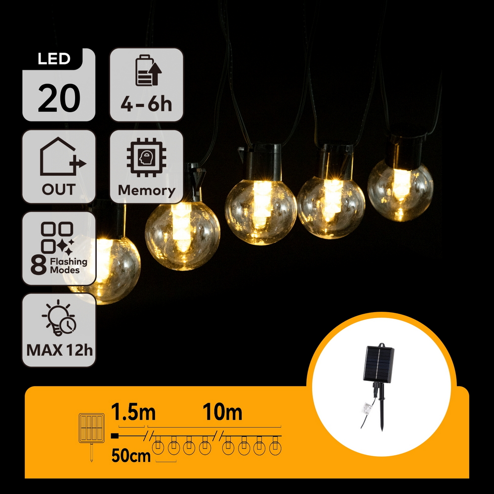 Catena luminosa a Led decorativa a energia solare 10 metri 20 lampadine a sfera trasparenti Bianco caldo Aigostar - Foto 5