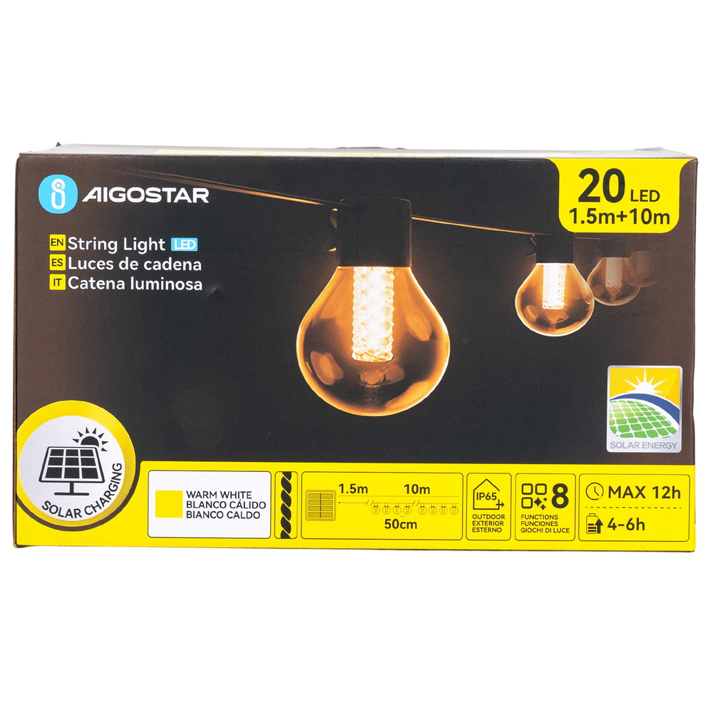 Catena luminosa a Led decorativa a energia solare 10 metri 20 lampadine a sfera trasparenti Bianco caldo Aigostar - Foto 6