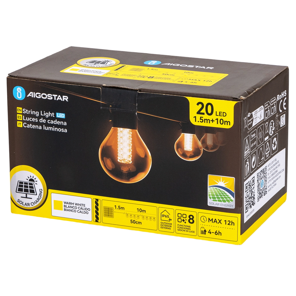 Catena luminosa a Led decorativa a energia solare 10 metri 20 lampadine a sfera trasparenti Bianco caldo Aigostar - Foto 7