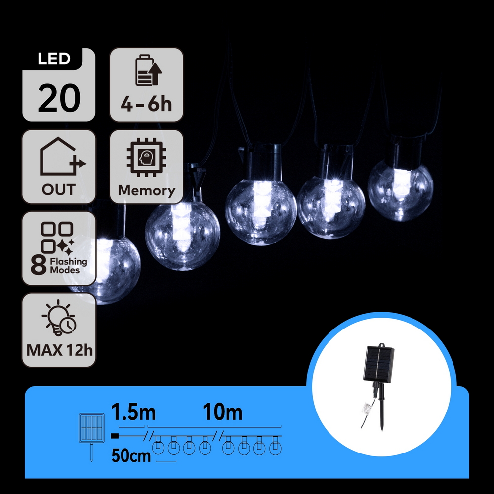 Catena luminosa a Led decorativa a energia solare 10 metri 20 lampadine a sfera trasparenti Bianco freddo Aigostar - Foto 5