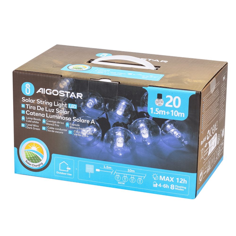 Catena luminosa a Led decorativa a energia solare 10 metri 20 lampadine a sfera trasparenti Bianco freddo Aigostar - Foto 7