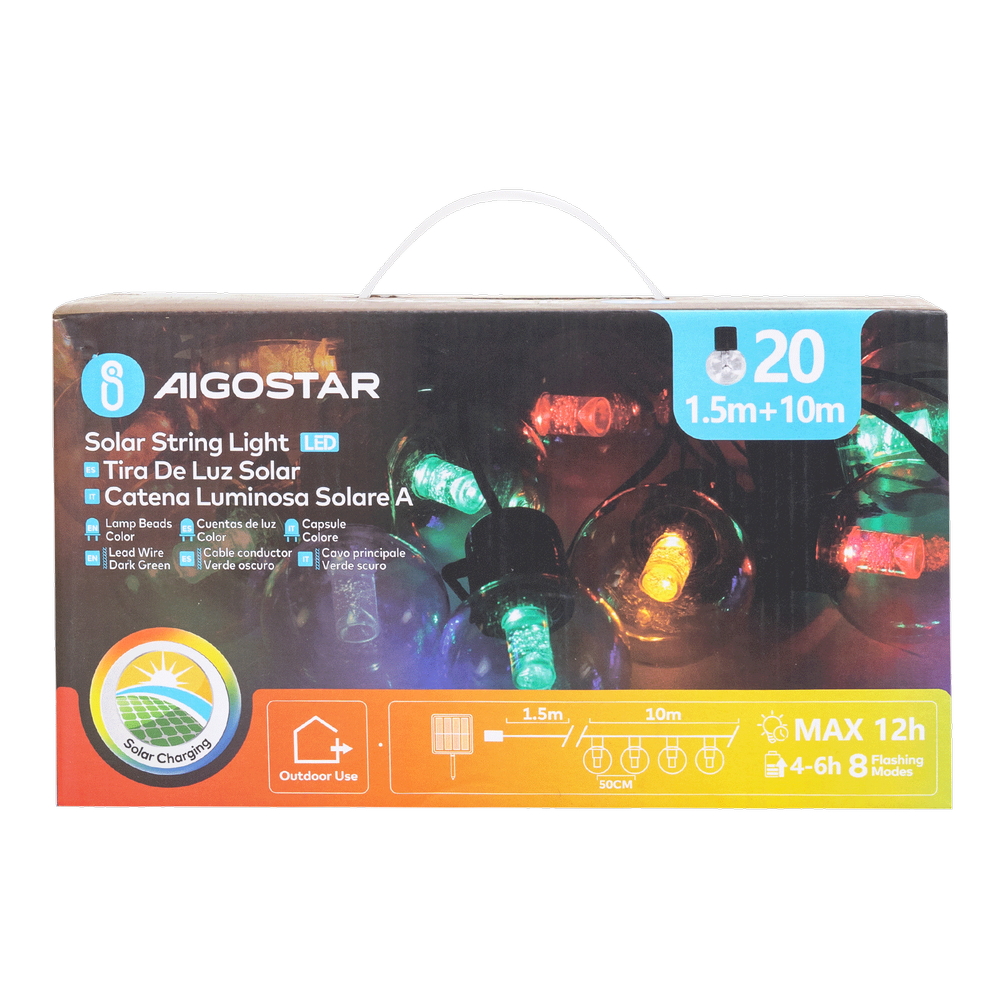 Catena luminosa a Led decorativa a energia solare 10 metri 20 lampadine a sfera trasparenti RGB Aigostar - Foto 6