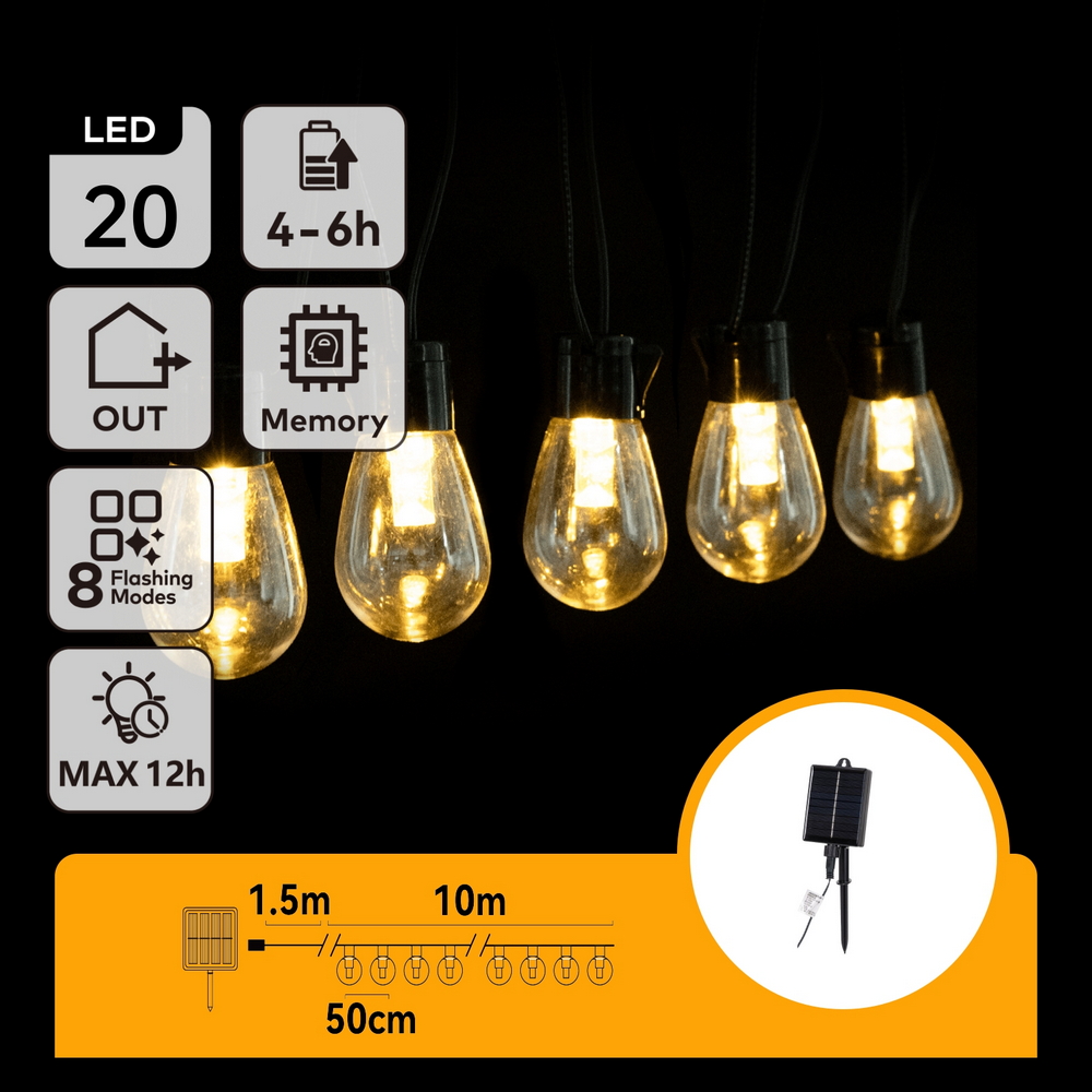 Catena luminosa a Led decorativa a energia solare 10 metri 20 lampadine trasparenti Bianco caldo Aigostar - Foto 2