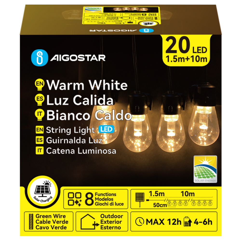 Catena luminosa a Led decorativa a energia solare 10 metri 20 lampadine trasparenti Bianco caldo Aigostar - Foto 3
