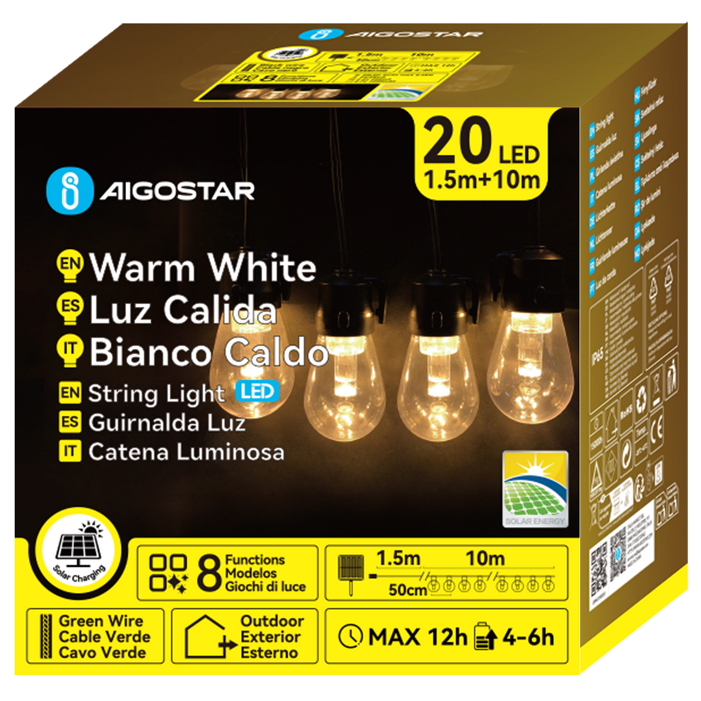 Catena luminosa a Led decorativa a energia solare 10 metri 20 lampadine trasparenti Bianco caldo Aigostar - Foto 4
