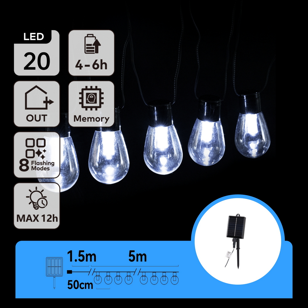 Catena luminosa a Led decorativa a energia solare 10 metri 20 lampadine trasparenti Bianco freddo Aigostar - Foto 2