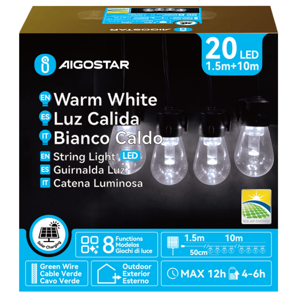 Catena luminosa a Led decorativa a energia solare 10 metri 20 lampadine trasparenti Bianco freddo Aigostar - Foto 3
