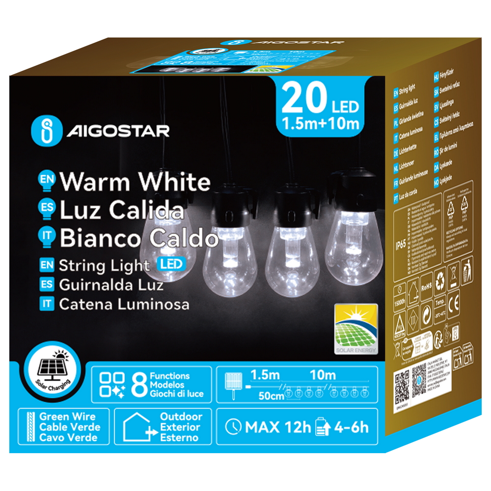 Catena luminosa a Led decorativa a energia solare 10 metri 20 lampadine trasparenti Bianco freddo Aigostar - Foto 4