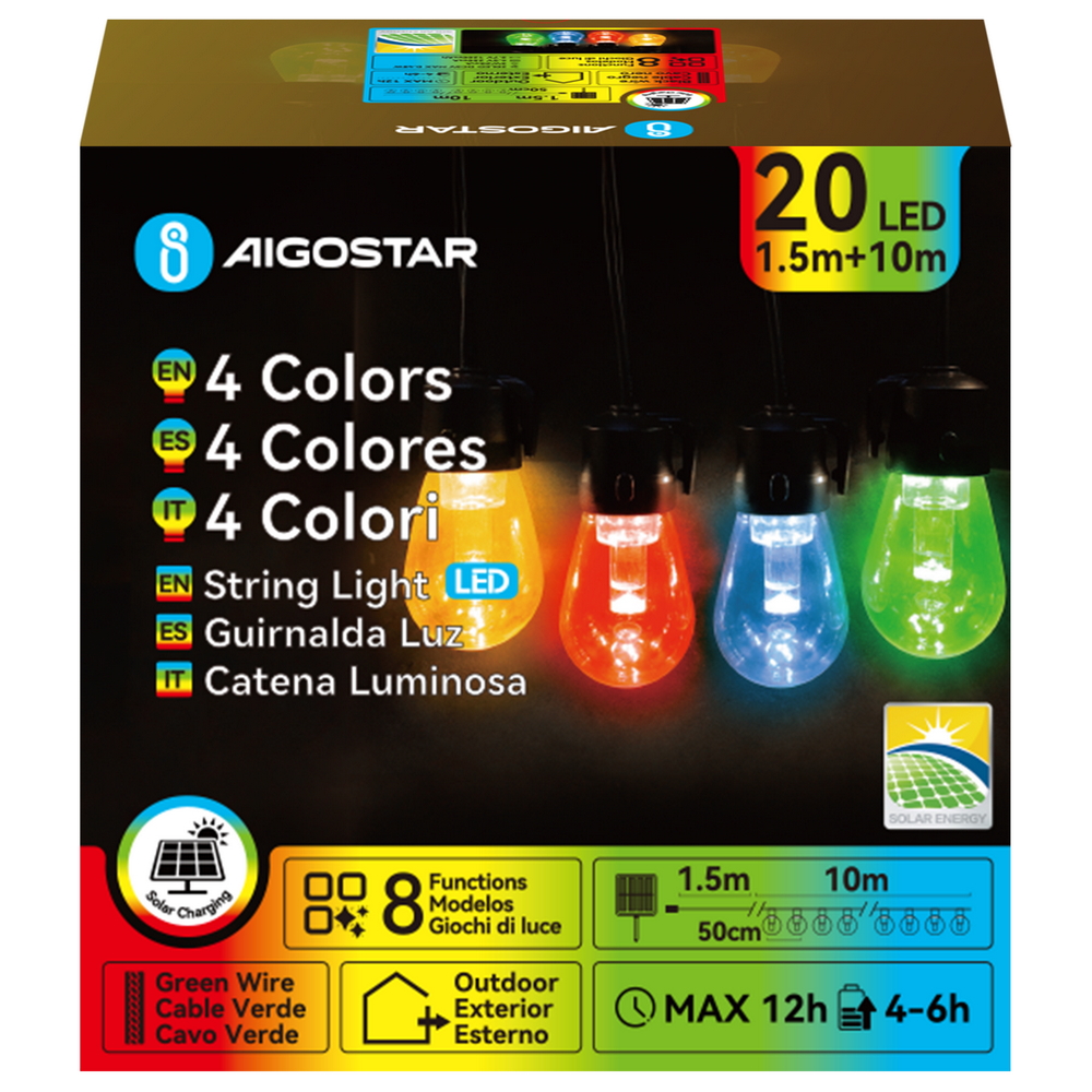Catena luminosa a Led decorativa a energia solare 10 metri 20 lampadine trasparenti RGB Aigostar - Foto 3