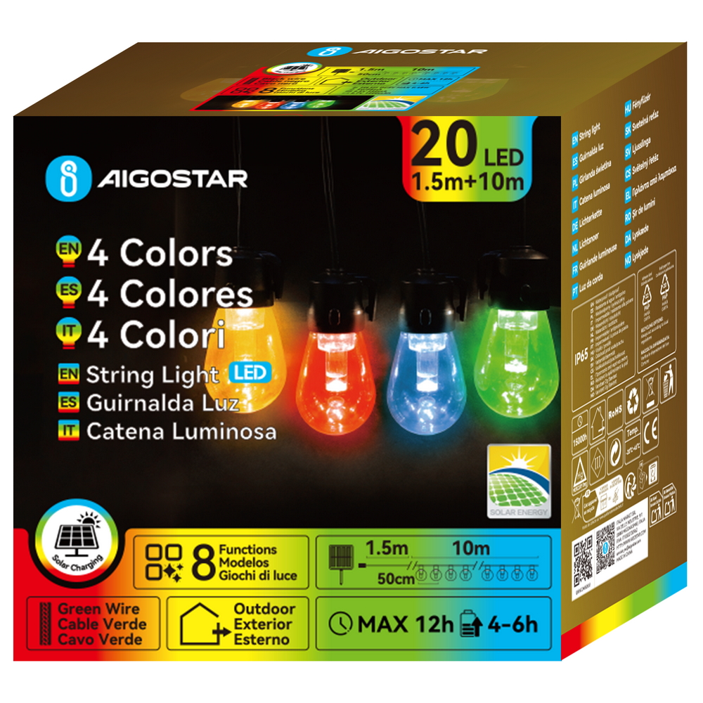 Catena luminosa a Led decorativa a energia solare 10 metri 20 lampadine trasparenti RGB Aigostar - Foto 4