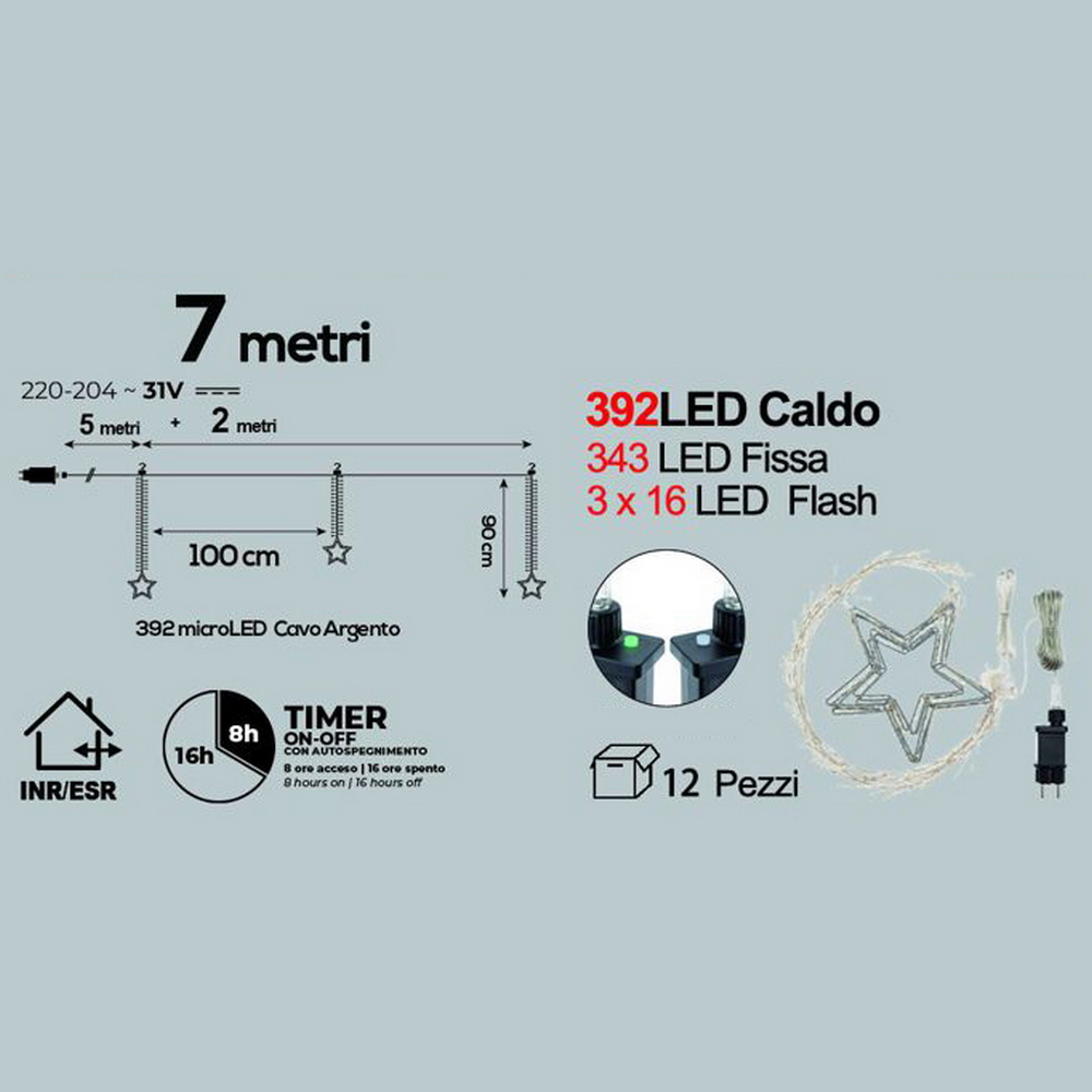 Catena di luci con Stelle pendenti 2 metri da 392 Led Bianco Caldo a luce fissa e intermittente Wisdom - Foto 1