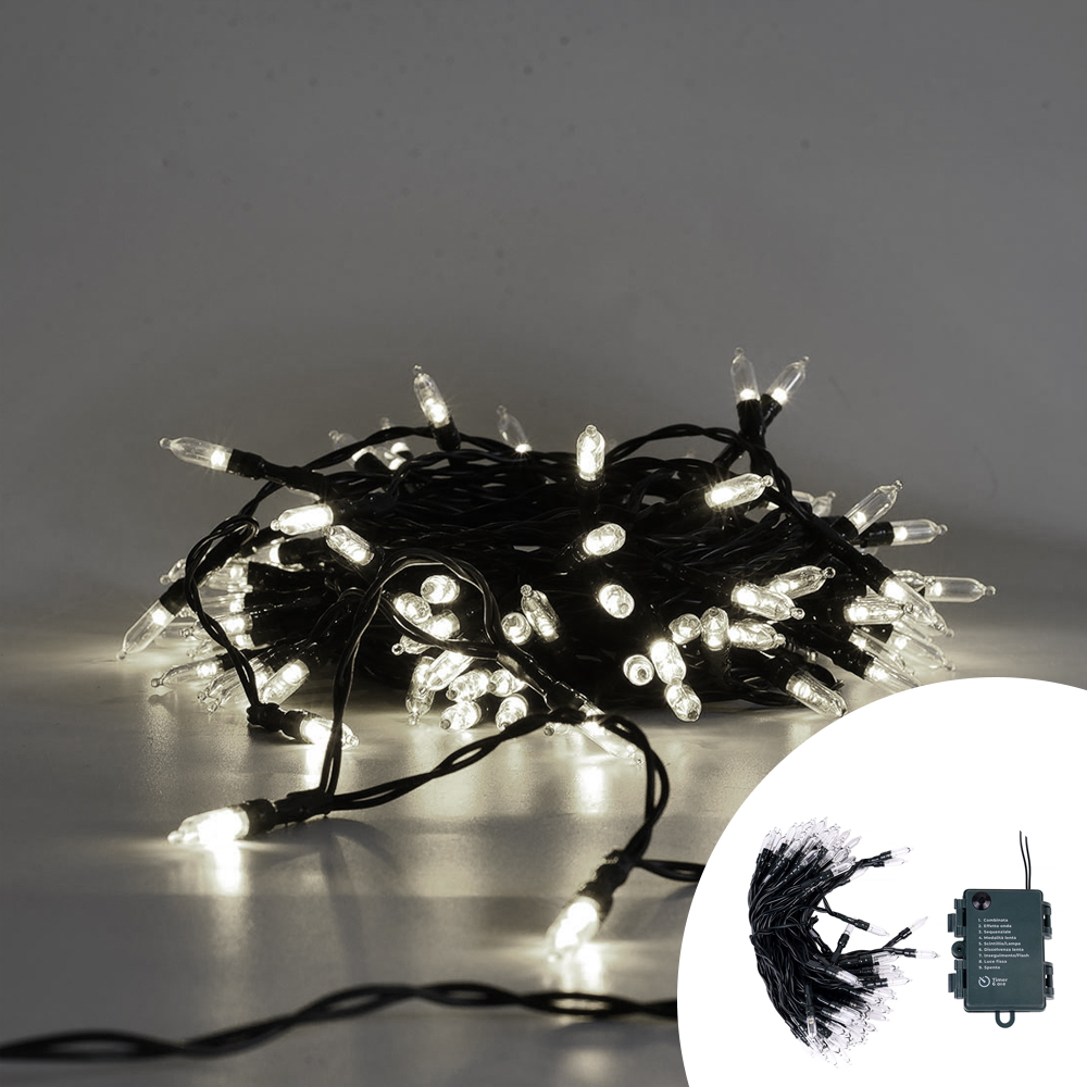 Foto principale Catena di luci Vintage 10 metri da 100 Led Bianco Freddo con cavo verde a batteria Wisdom