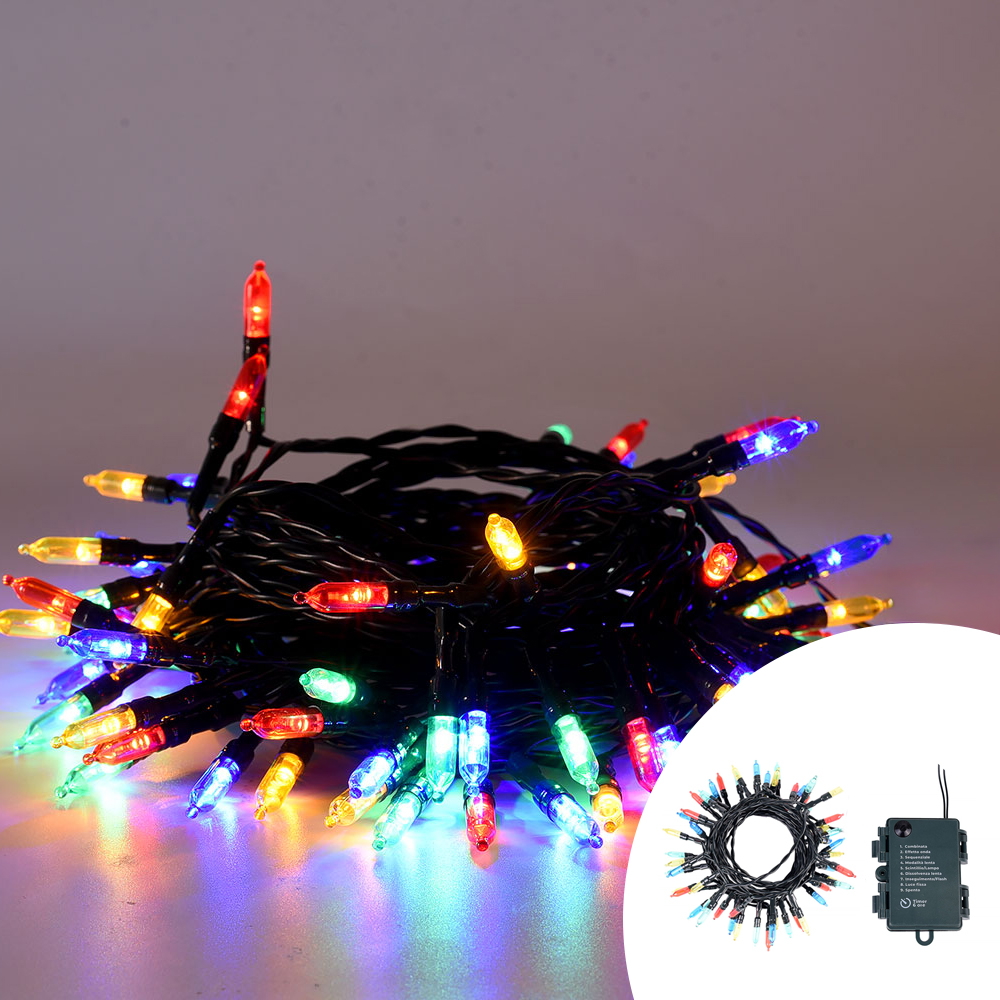 Foto principale Catena di luci Vintage 10 metri da 100 Led Multicolore con cavo verde a batteria Wisdom