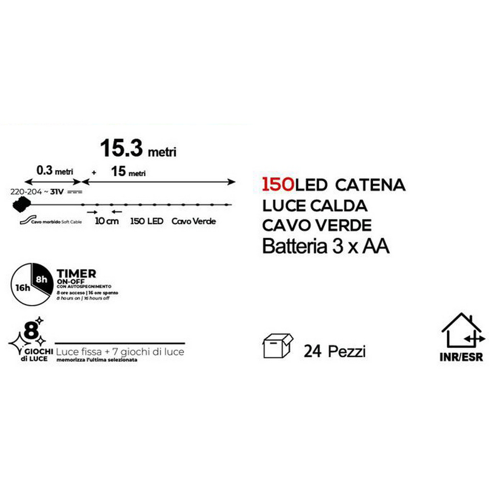 Stringa 15 metri da 150 Microled Bianco Caldo con cavo verde a batteria da esterno Wisdom - Foto 1