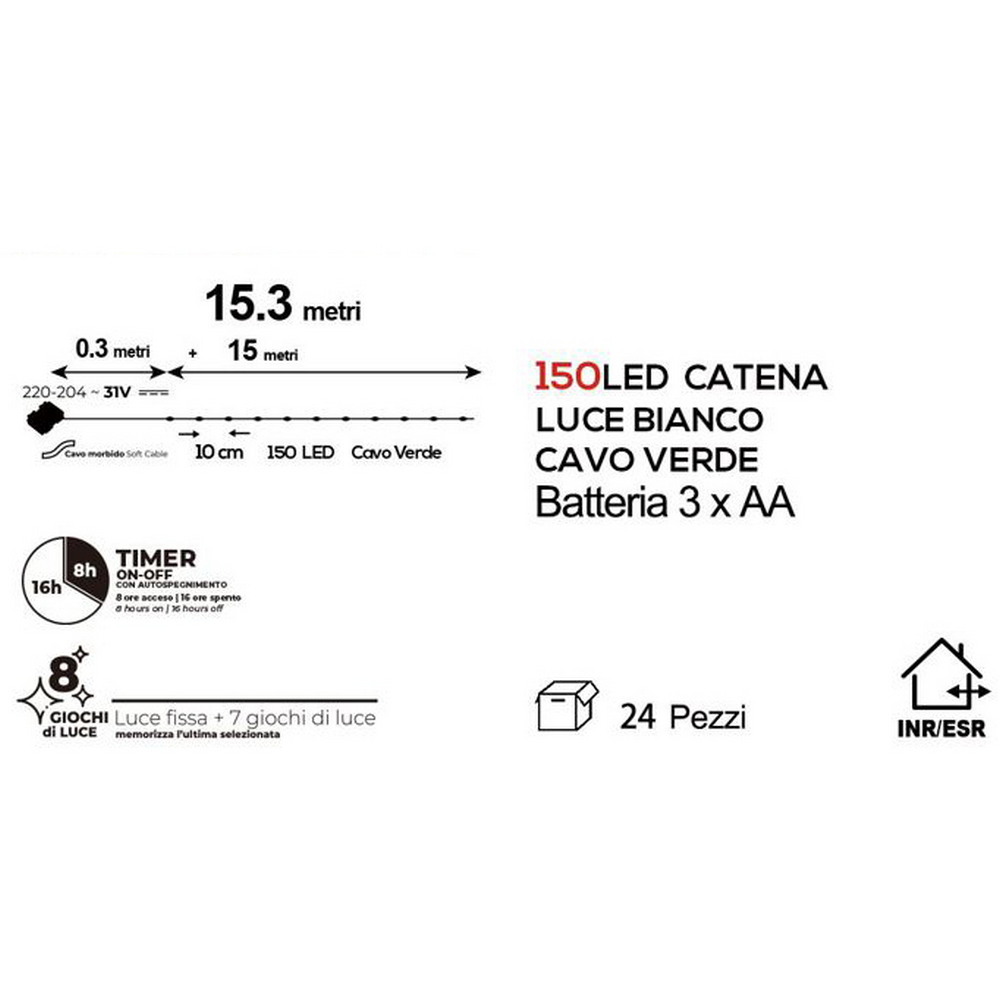 Stringa 15 metri da 150 MicroLed Bianco Freddo con cavo verde a batteria da esterno Wisdom - Foto 1