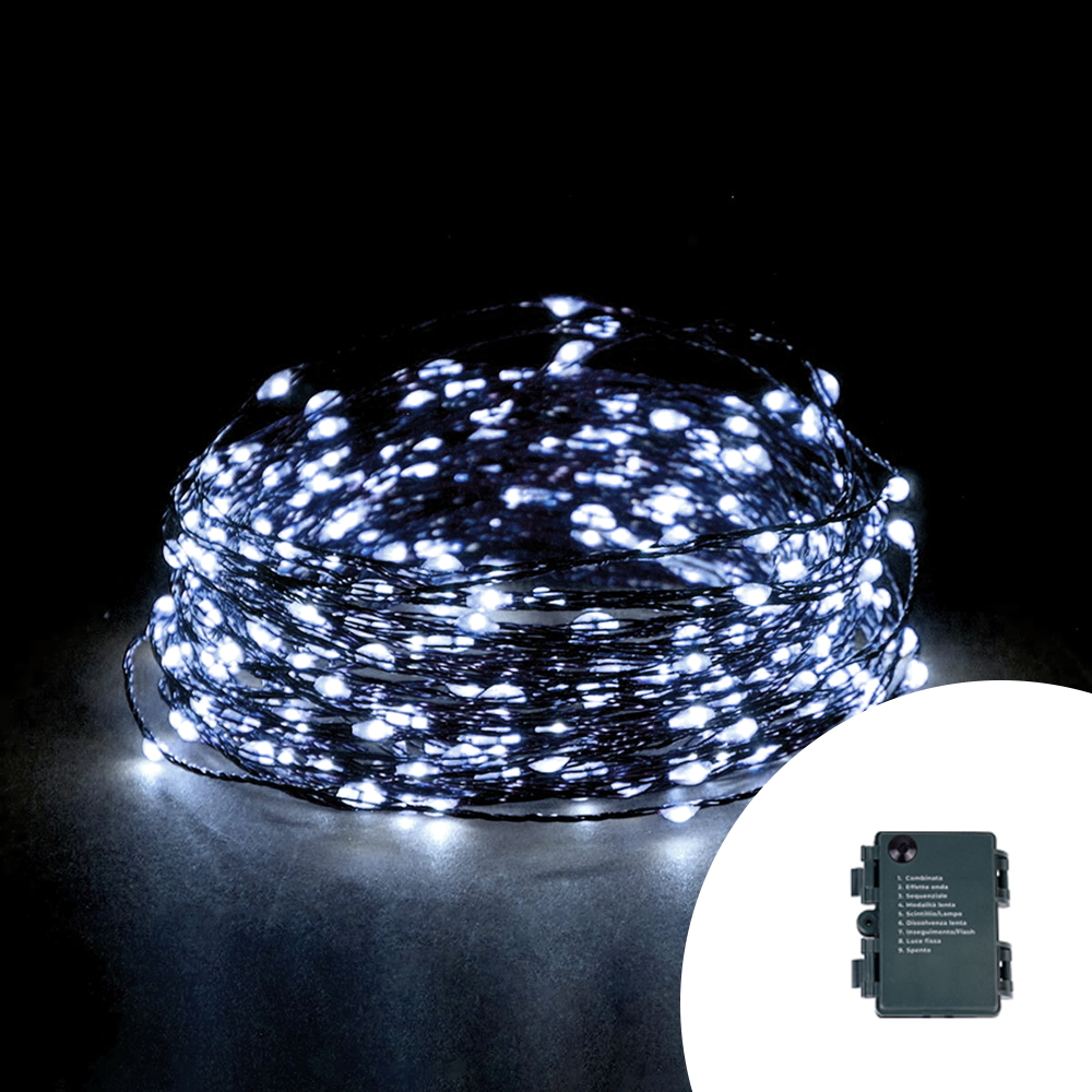 Foto principale Stringa 15 metri da 150 MicroLed Bianco Freddo con cavo verde a batteria da esterno Wisdom