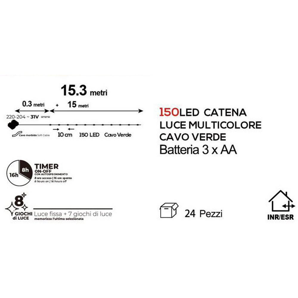 Stringa 15 metri da 150 MicroLed Multicolore con cavo verde a batteria da esterno Wisdom - Foto 1