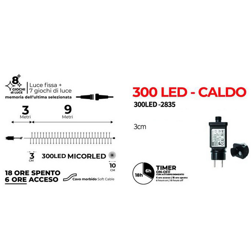 Stringa 9 metri da 300 Led Mini Millepiedi Bianco Caldo con cavo nero e autospegnimento Wisdom - Foto 1