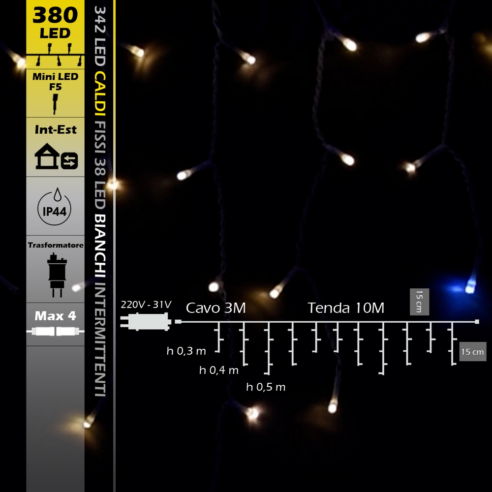 Tenda luminosa 10 metri 380 Led Bianco Caldo fisso e Bianco Freddo intermittente stalattiti prolungabile altezza 50cm da esterno Wisdom - Foto 7