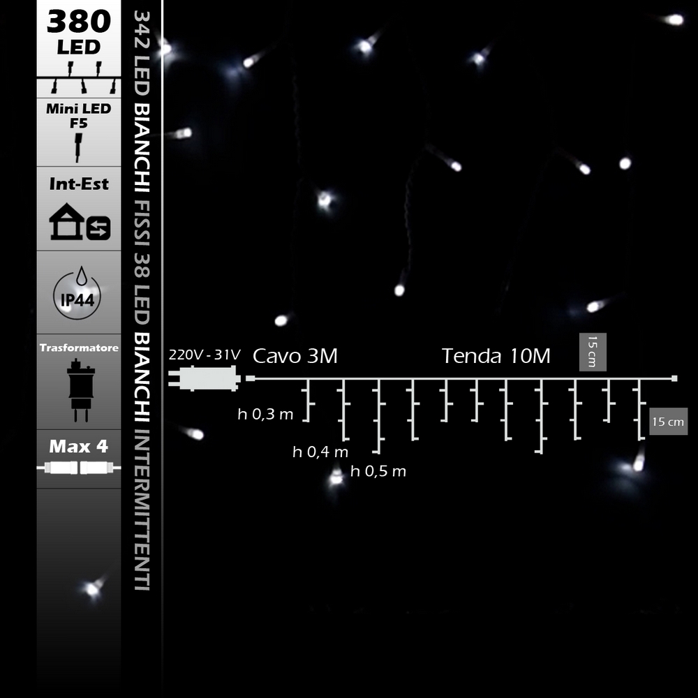 Tenda luminosa 10 metri 380 Led Bianco Freddo fisso e intermittente stalattiti prolungabile altezza 50cm da esterno Wisdom - Foto 7