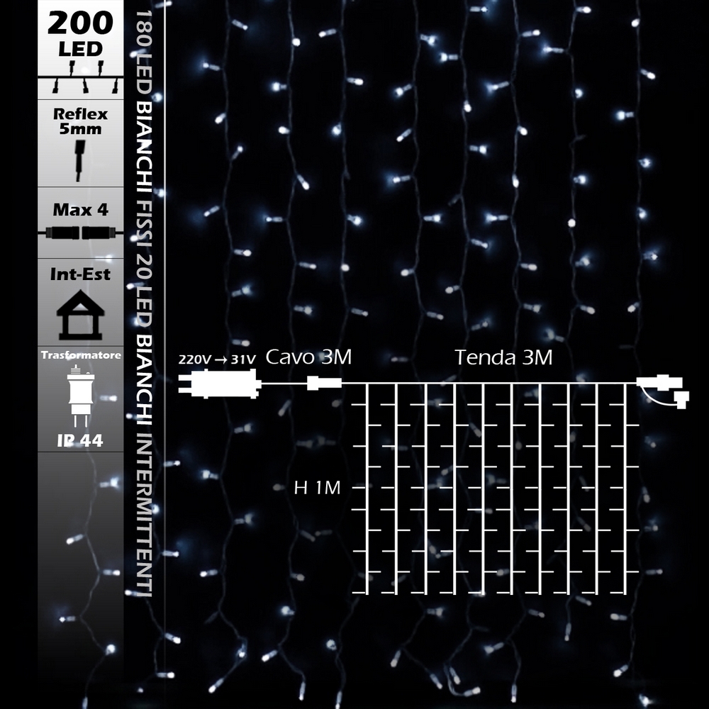 Tenda luminosa 3 metri 200 Led Bianco Freddo fisso e intermittente prolungabile altezza 100cm da esterno Wisdom - Foto 7