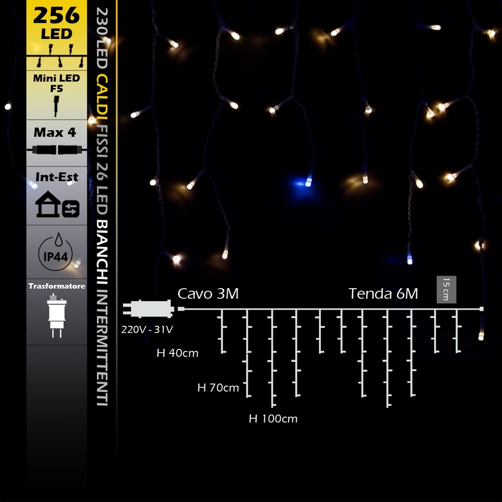 Tenda luminosa 6 metri 256 Led Bianco Caldo fisso e Bianco Freddo intermittente stalattiti prolungabile altezza 100cm da esterno Wisdom - Foto 7