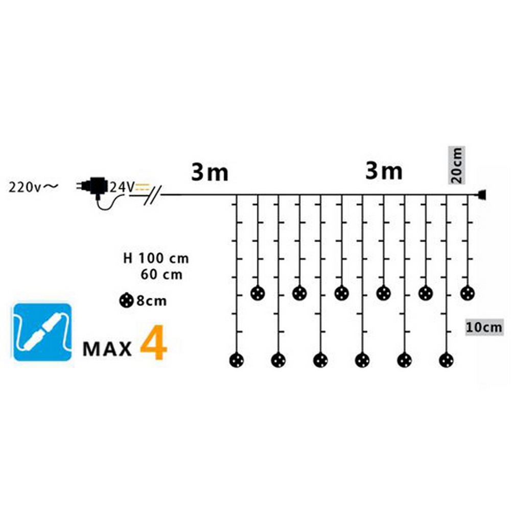 Tenda luminosa con Sfere 3 metri 168 Led Bianco Freddo stalattiti prolungabile altezza 100cm per interno Wisdom - Foto 1