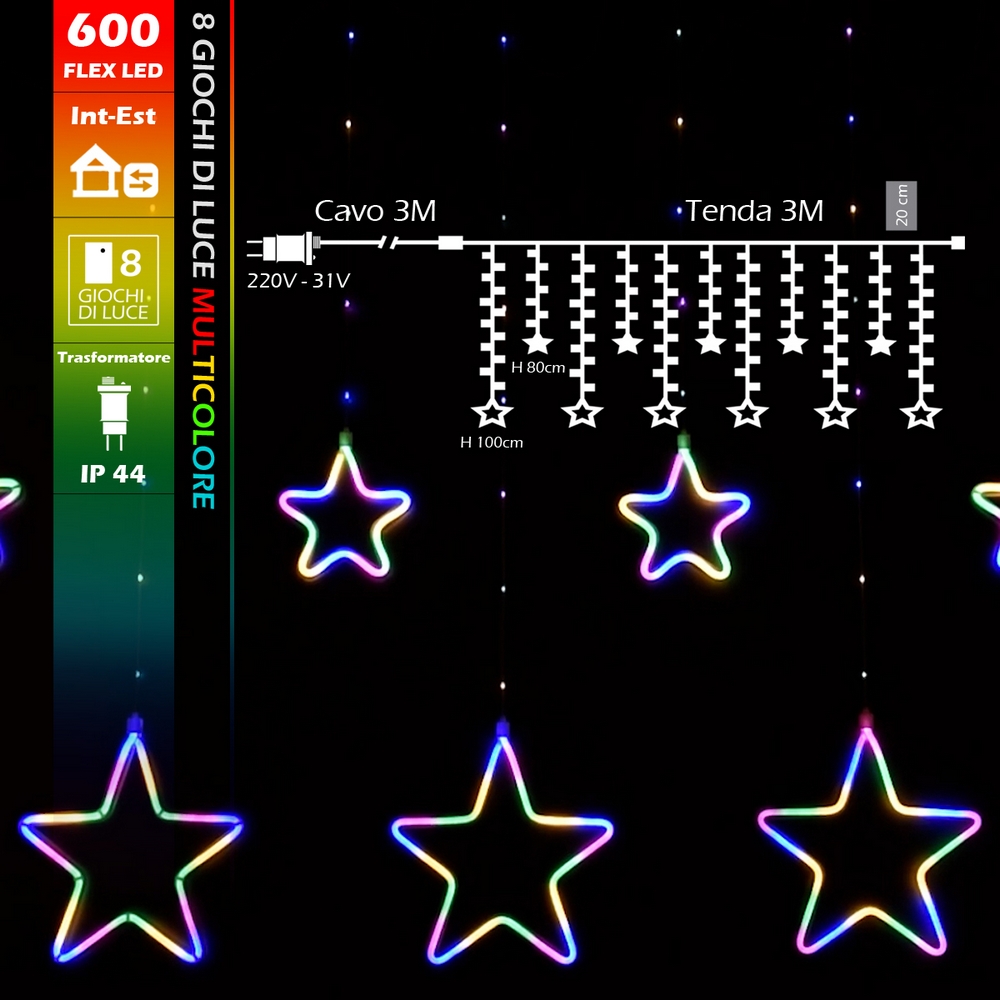 Tenda luminosa con Stelle neon 3 metri Led Multicolore stalattiti altezza 100cm per interno Wisdom - Foto 7