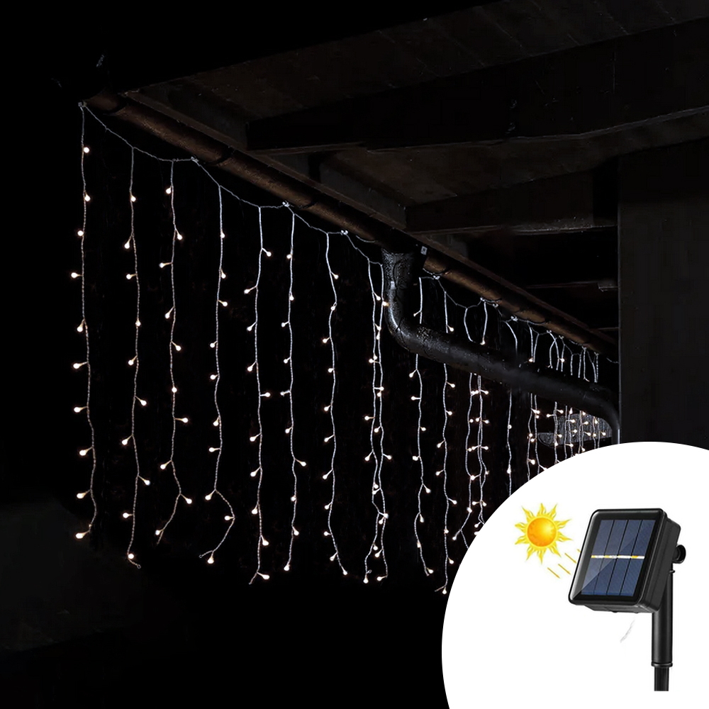 Foto principale Tenda luminosa decorativa con pannello solare 3 metri 114 Led Bianco Freddo altezza 60cm da esterno Wisdom