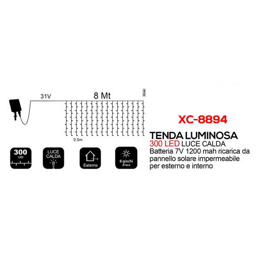 Tenda luminosa decorativa con pannello solare 8 metri 300 Led Bianco Caldo altezza 50cm da esterno Wisdom - Foto 1