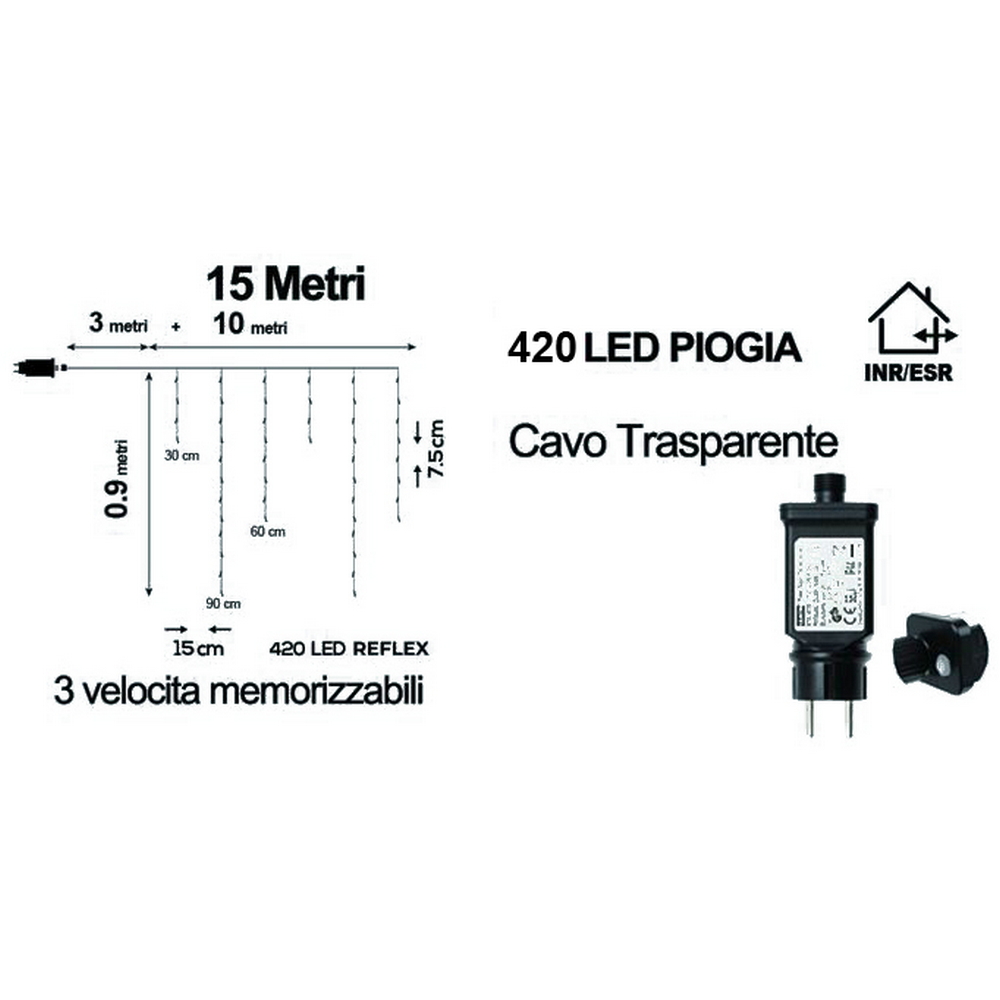 Tenda luminosa effetto pioggia 10 metri da 420 Led Bianco Freddo stalattiti altezza 90cm da esterno Wisdom - Foto 1