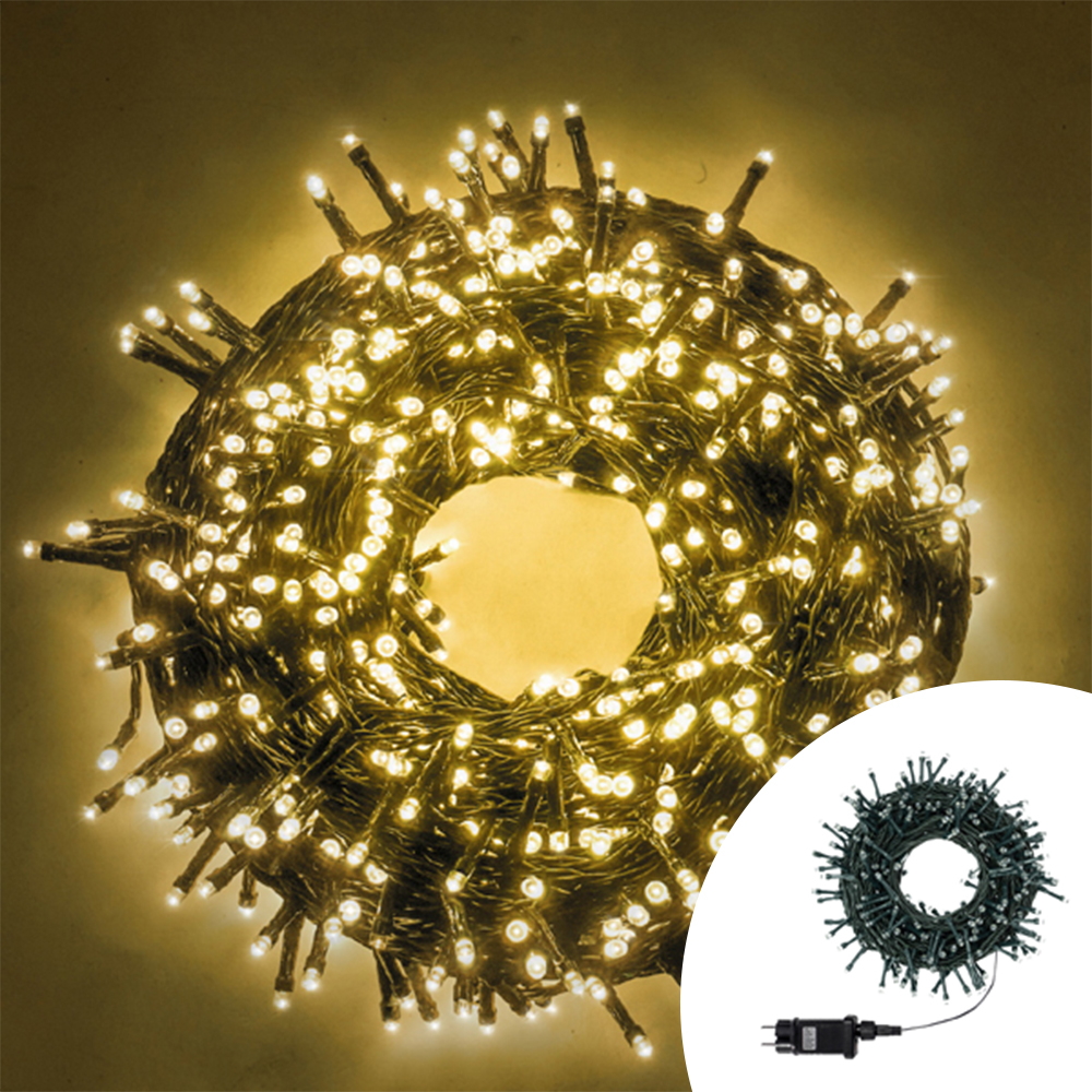Foto principale Catena di luci 11 metri da 360 Led Full Flash Bianco Caldo con cavo verde e autospegnimento Wisdom