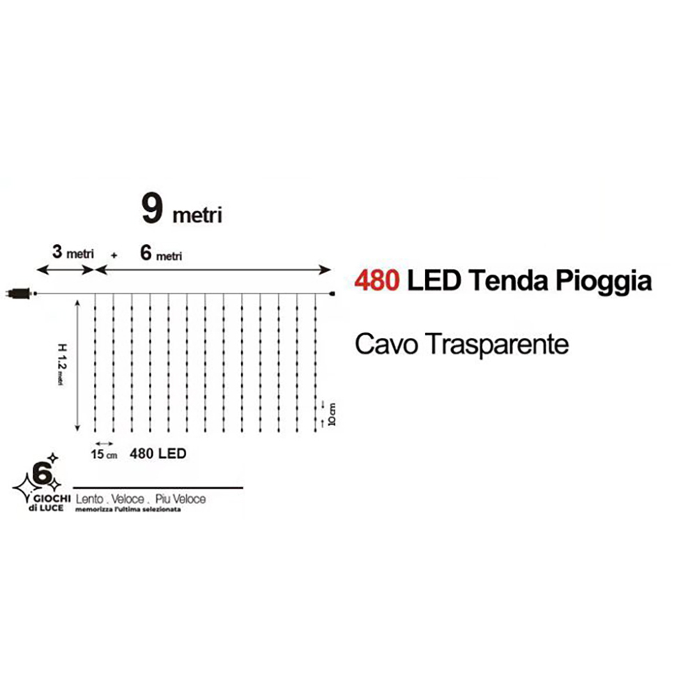 Tenda luminosa effetto cascata 6 metri da 480 Led Bianco Freddo altezza 120cm da esterno Wisdom - Foto 1