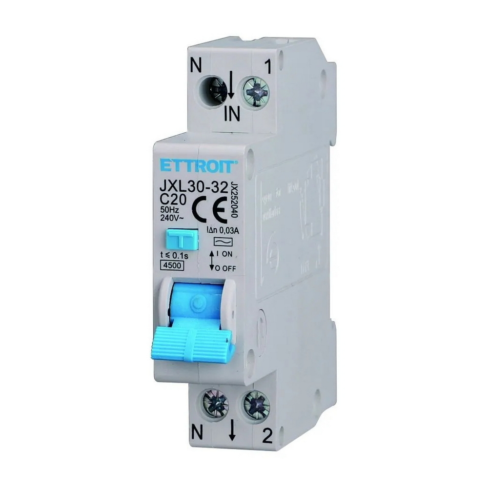 Foto principale Interruttore magnetotermico differenziale modulare compatto 1P+N 20A 30mA 4.5KA 220V Ettroit