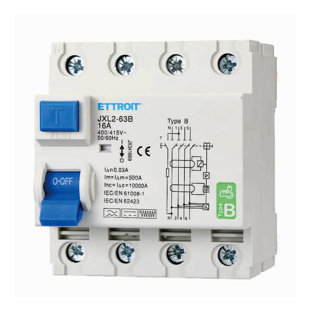Foto principale Interruttore magnetotermico differenziale puro modulare 4P 16A 30mA 6KA AC/DC 380V curva B Ettroit