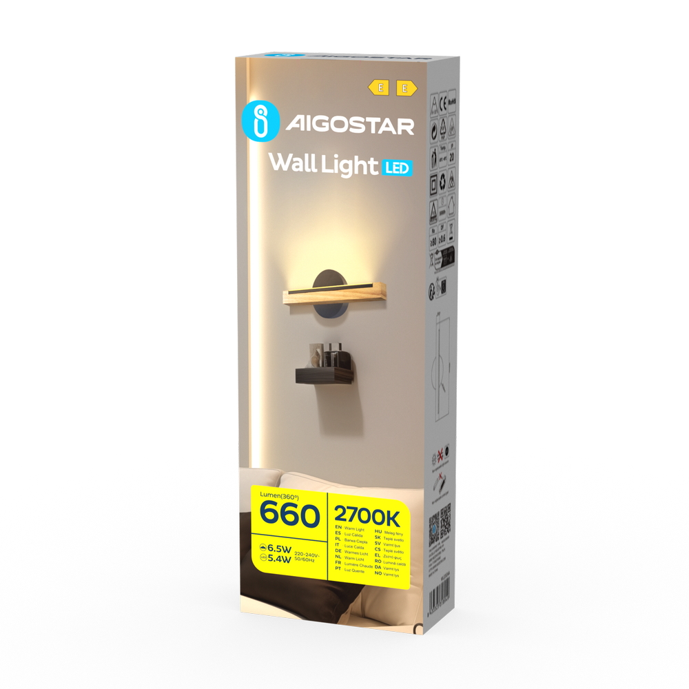 Applique Led da parete Woodden 6,5W Nero IP20 Bianco caldo 2700K Aigostar - Foto 4