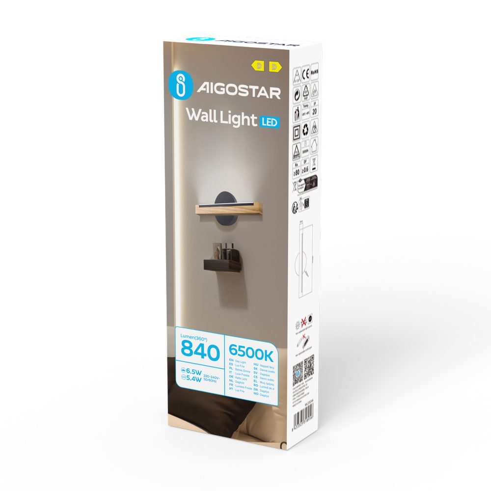 Applique Led da parete Woodden 6,5W Nero IP20 Bianco freddo 6500K Aigostar - Foto 4