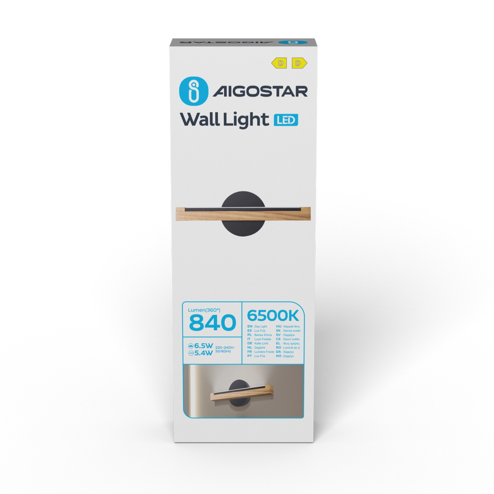 Applique Led da parete Woodden 6,5W Nero IP20 Bianco freddo 6500K Aigostar - Foto 5