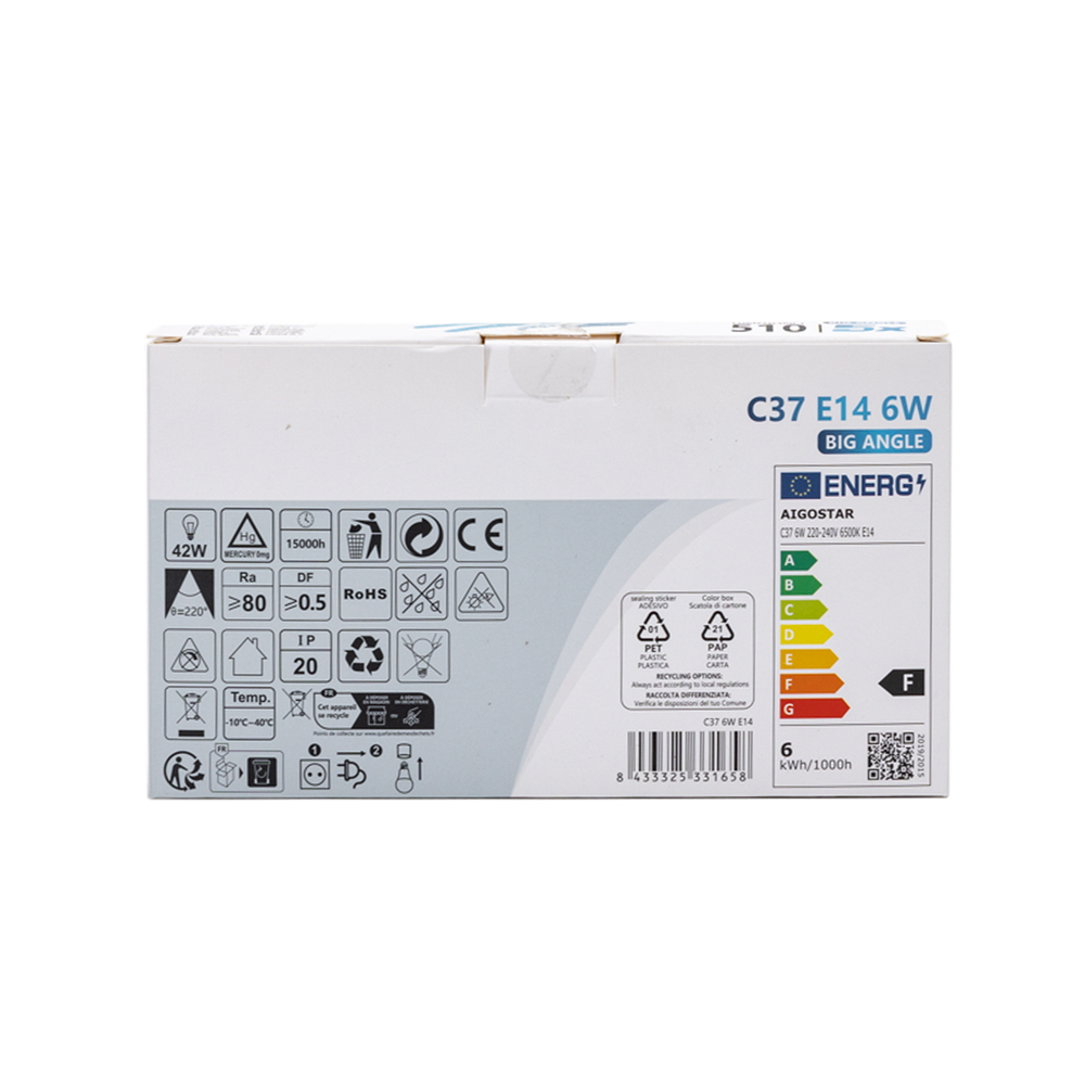 Confezione da 5 Lampadine Led E14 C37 6W Bianco freddo 6500K Aigostar - Foto 4